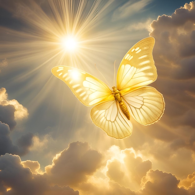 Zdjęcie złoty motyl na kwiecie przed słońcem