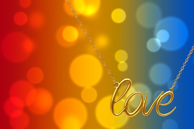 Złoty Naszyjnik Biżuteria ze znakiem miłości na abstrakcyjnym tle. Renderowanie 3D