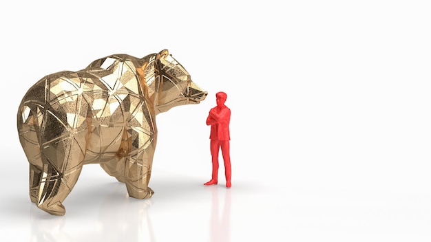 Zdjęcie złoty niedźwiedź i czerwony człowiek do renderowania koncepcji biznesowej 3d