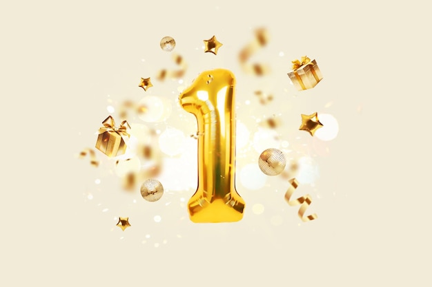 Złoty numer 1 leci ze złotymi prezentami konfetti lustrzaną kulą i balonami gwiazd na beżowym tle ze światłami bokeh i iskrami kreatywny pomysł Zwycięzca i koncepcja pierwszego miejsca