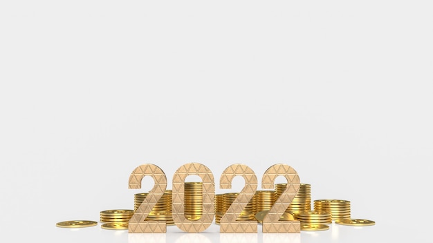 Złoty numer 2022 i złote monety na białym tle na nowy rok lub biznes koncepcja renderowania 3d