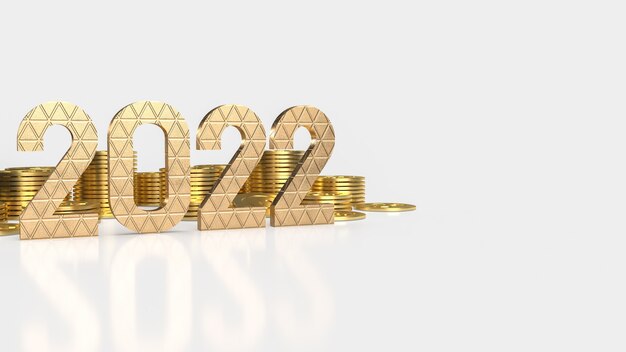 Złoty numer 2022 i złote monety na białym tle na nowy rok lub biznes koncepcja renderowania 3d
