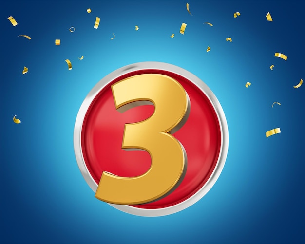 Złoty numer 3 Złoty numer trzy zaokrąglona czerwona ikona z cząstkami na niebieskim tle ilustracji 3d