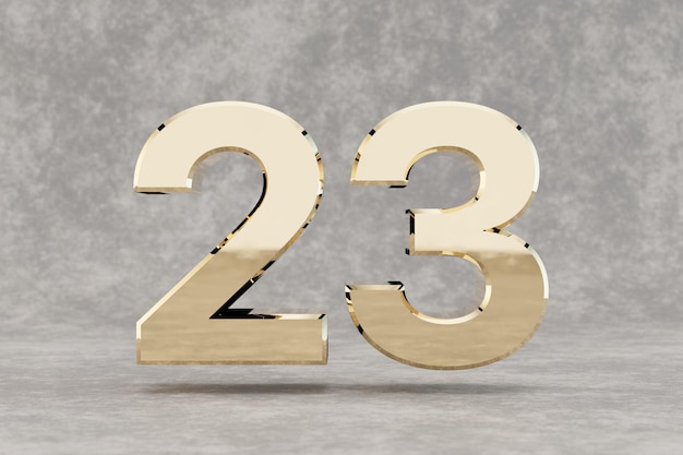 Złoty numer 3d 23. Błyszczący złoty numer na tle betonu. Cyfra metaliczna ze studyjnymi refleksami światła. renderowania 3D.