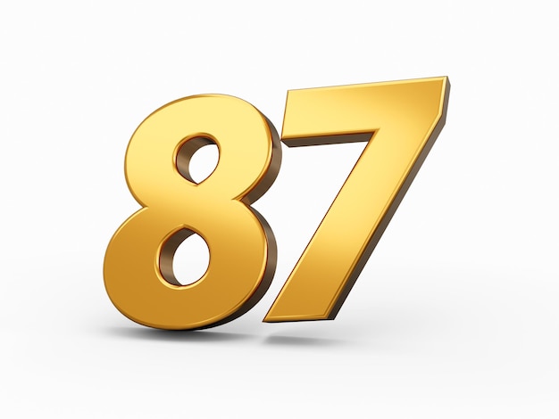 Złoty numer 87 Osiemdziesiąt siedem na białym tle biały błyszczący numer 3d wykonany ze złotej ilustracji 3d