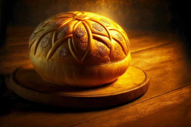 Złoty okrągły domowy chleb na drewnianym stole