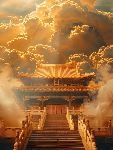 Zdjęcie złoty pałac otoczony chmurami i mgłą w dolinie