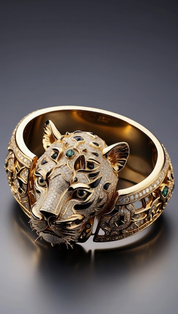 Zdjęcie złoty pierścień z lwem na ciemnym tle closeup