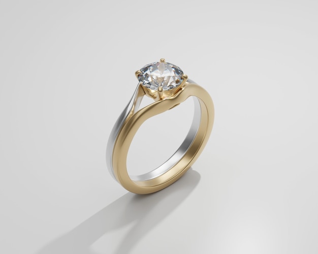Złoty pierścionek z brylantem na białym tle renderowania 3d