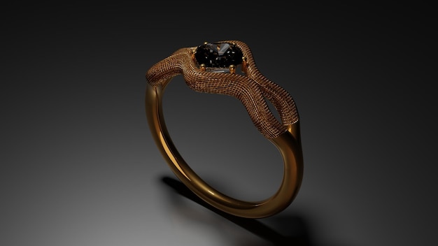 Zdjęcie złoty pierścionek z brylantem pionowo na ciemnej powierzchni ilustracji 3d