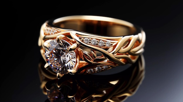 Złoty pierścionek z diamentami na ciemnej powierzchni