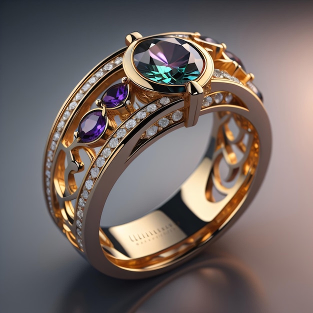 Złoty pierścionek z fioletowymi kamieniami i diamentem z boku.