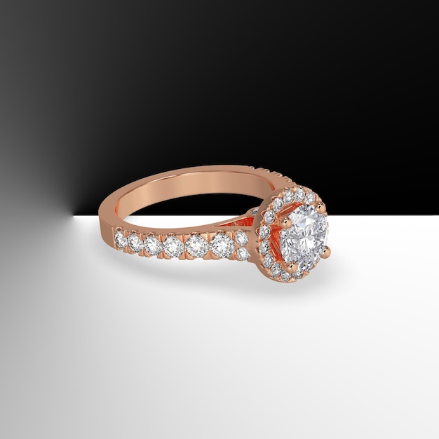 Złoty pierścionek zaręczynowy halo z okrągłym kamieniem pośrodku i bocznymi diamentami na cholewce renderowania 3d