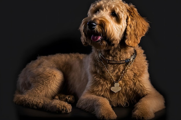 Złoty pies Labradoodle na czarnym tle Wygenerowana sztuczna inteligencja sieci neuronowej