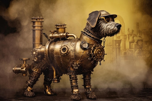 Zdjęcie złoty pies steampunk na dym iskry parowe tło generatywne ai