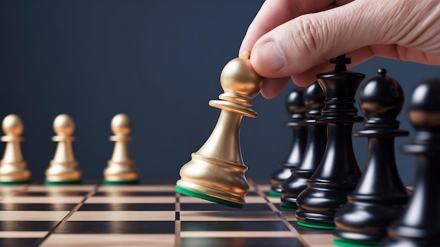 Złoty pion szachowy wyszedł z linii do wiodącego czarnego szachowego i pokazać różne pomysły myślenia