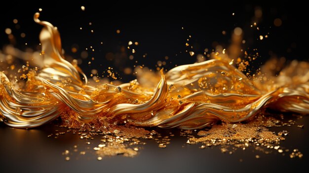 Złoty płyn araffe płynący po czarnej powierzchni ze złotym pyłem generującym ai