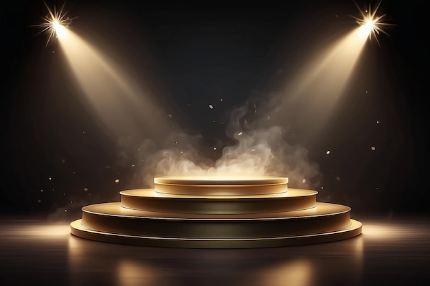 Złoty podium na ciemnym tle z dymem Puste piedestale na ceremonię wręczenia nagród Platforma