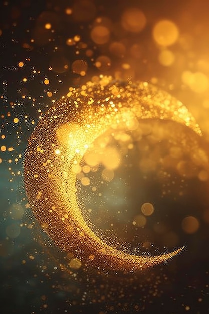 Złoty półksiężyc oświetlający Ramadan Kareem ozdobiony wirami i błyszczącymi reflektorami na tle bokeh