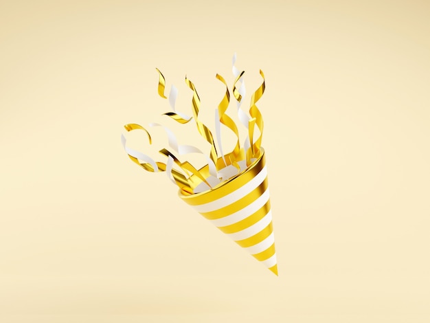 Złoty popper party z latającym konfetti 3d render ilustracja. Złota petarda eksploduje serpentynami dla koncepcji niespodzianki lub zwycięzcy - baner urodzinowy i rocznicowy z popperem stożkowym.