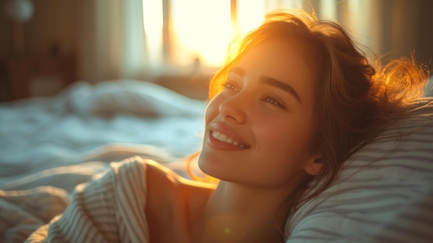 Złoty poranek Spokojna kobieta w łóżku z słońcem