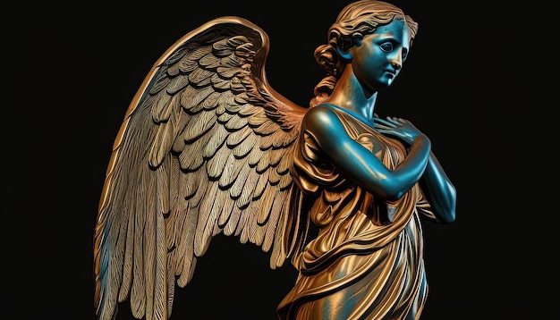 Zdjęcie złoty posąg anioła na czarnym tle