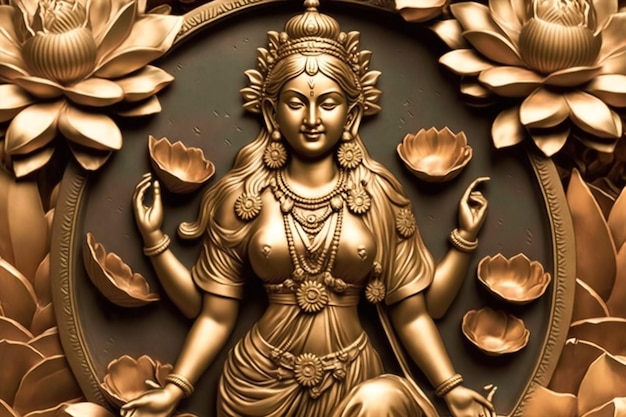 Złoty posąg bogini z kwiatami z przodu