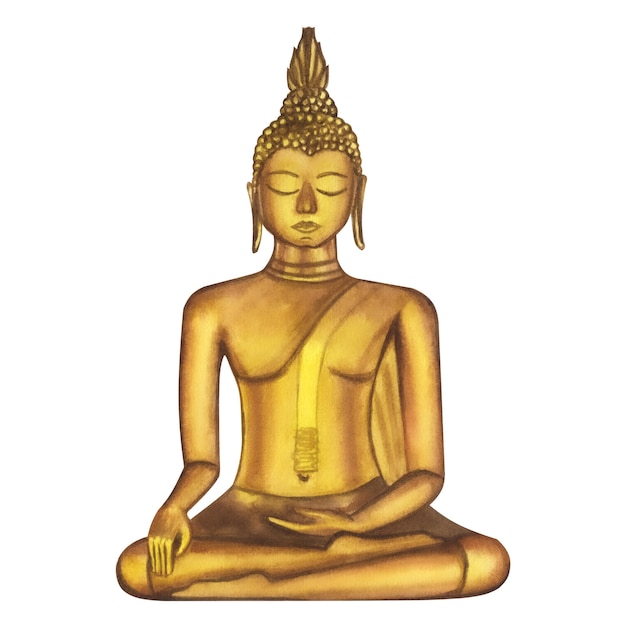 złoty posąg Buddy Religijna Azja Tajlandia Chiny Handdrawn ilustracja akwarela na białym tle