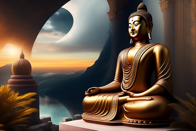 Zdjęcie złoty posąg buddy siedzi przed zachodem słońca.