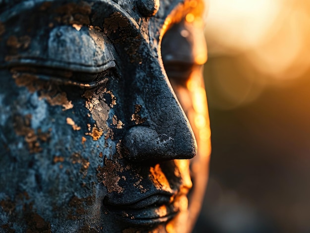 Złoty posąg Buddy Spokoju w medytacji o wschodzie słońca