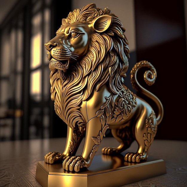 Złoty posąg lwa stoi na stole przed oknem.