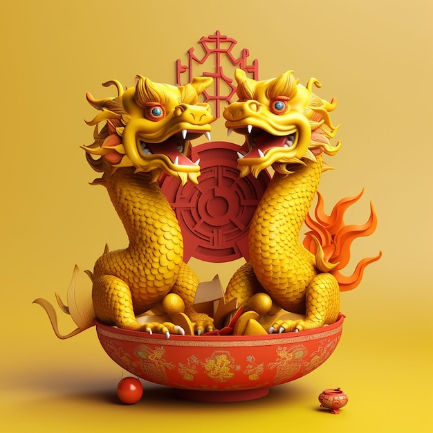 Złoty posąg smoka w stylu chińskim na żółtym tle 3d rendering