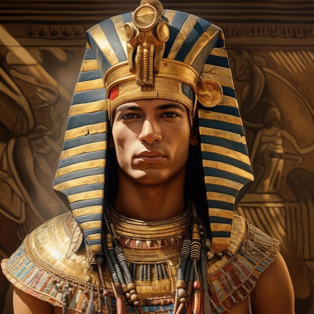 Złoty posąg starożytnego egipskiego faraona w świątyni miejskiej
