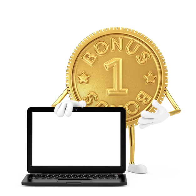 Złoty Program Lojalnościowy Bonus Moneta Osoba Charakter Maskotka Z Notebookiem Nowoczesny Laptop I Pusty Ekran Dla Swojego Projektu Na Białym Tle. Renderowanie 3d