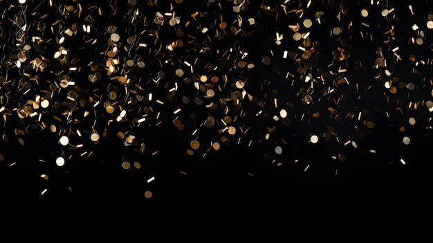 Zdjęcie złoty prysznic konfetti zamrożony w ruchu na czarnym tle