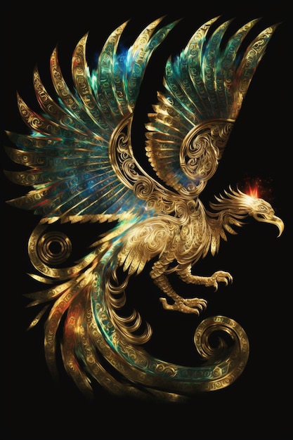 Złoty ptak ze skrzydłami z napisem „ogień”.
