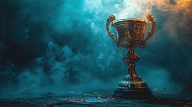 Złoty puchar zwycięzcy trofeum na dymnym akwamarynowym tle