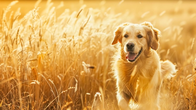 Złoty retriever cieszy się zachodem słońca na polu pszenicy