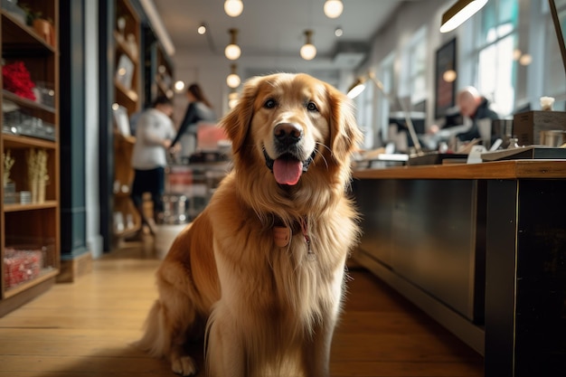 Złoty retriever siedzący na podłodze w restauracji