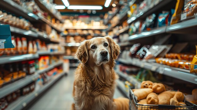 Zdjęcie złoty retriever siedzi w korytarzu sklepu spożywczego i patrzy na kamerę.