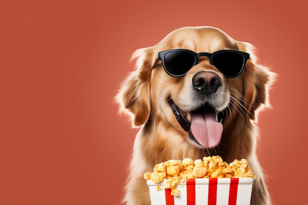 Zdjęcie złoty retriever w okularach przeciwsłonecznych cieszy się przekąską popcornu