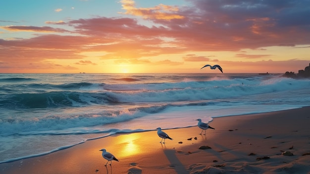 złoty różowy piękny zachód słońca na morzu fala wody pochmurne niebodramatyczne chmurymewa latać