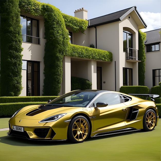 Złoty samochód sportowy w ogrodzie.