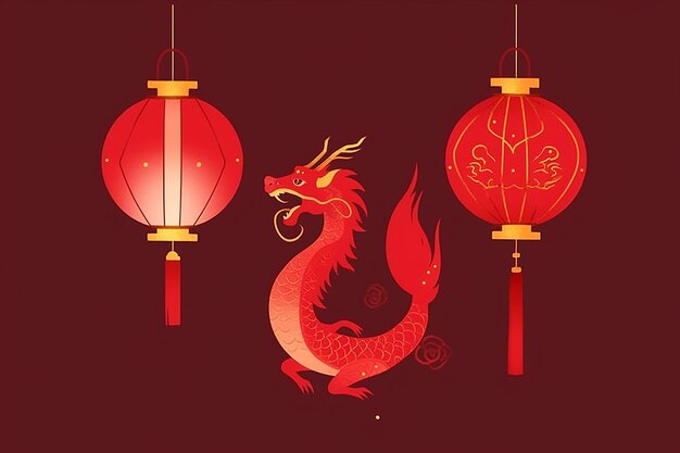 Zdjęcie złoty smok i czerwona latarnia na tle chińskiego nowego roku