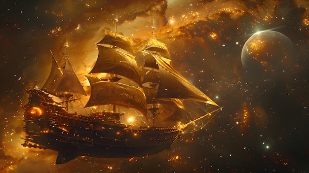 Złoty statek pływa w kosmosie z gwiazdami i planetą w tle