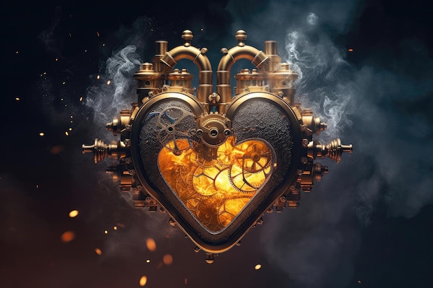 Złoty Steampunkowy kształt serca na tle dymu Steam Sparks Generative AI