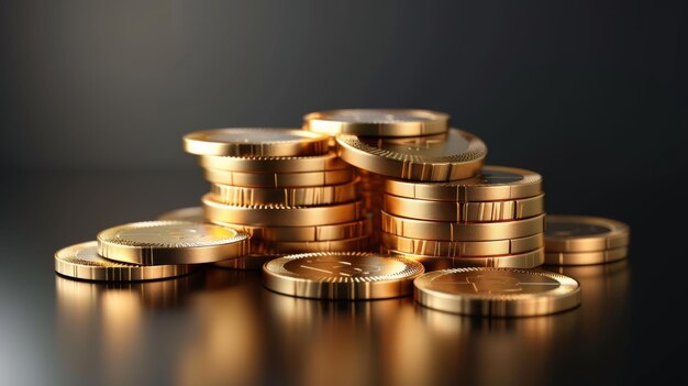 Złoty stos monet o różnych rozmiarach 3D nowoczesna ilustracja prawdziwych złotych pieniędzy metalowych stos banknotów dolarowych do gier finansowych i bankowych stos pustej obiegowej waluty dla zysku i bogactwa