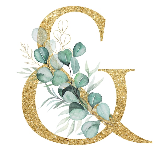 Złoty Symbol Ozdobiony Zielonymi Gałęziami Eukaliptusa Akwarela Na Białym Tle Musujące Litery Alfabetu Z Zielonymi Liśćmi I Kwiatami Element Botaniczny Do Papeterii ślubnej I świątecznej