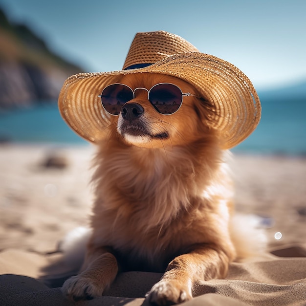 Złoty szczeniak ze szkłem siedzący na plaży