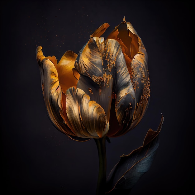 Złoty tulipan na czarnym luksusowym drogim kwiatku eleganckim okwitnięciu streszczenie generatywna ilustracja ai